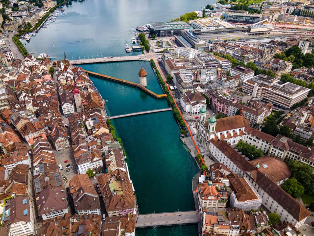 aerial view of lucerne with a river flowing through it