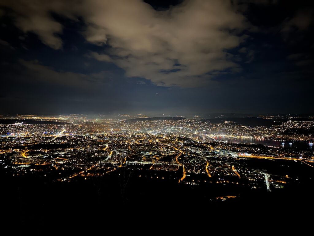 view of zurich switzerland at night from the top of uetliberg mountain