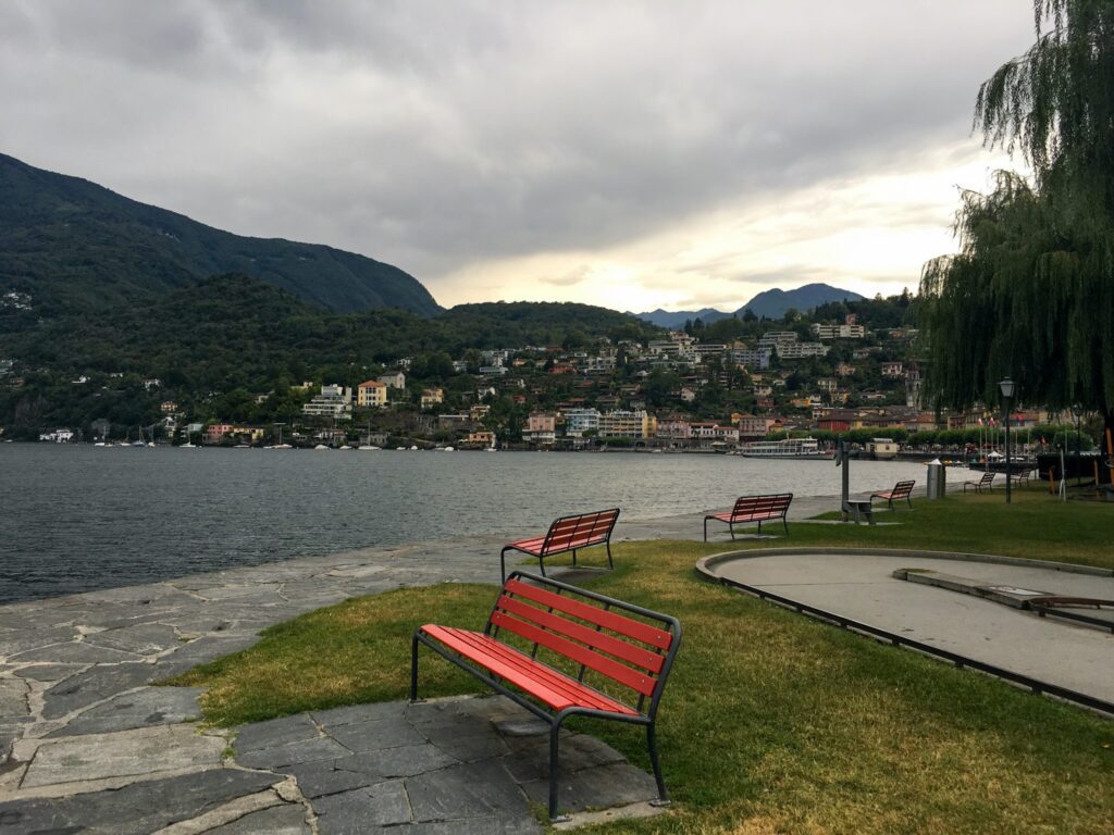 bench on the waterfront of lake maggiore in ascona switzerland