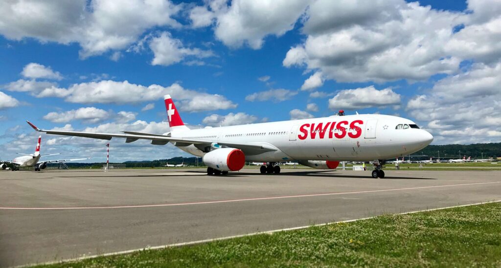 swiss airplane at airport