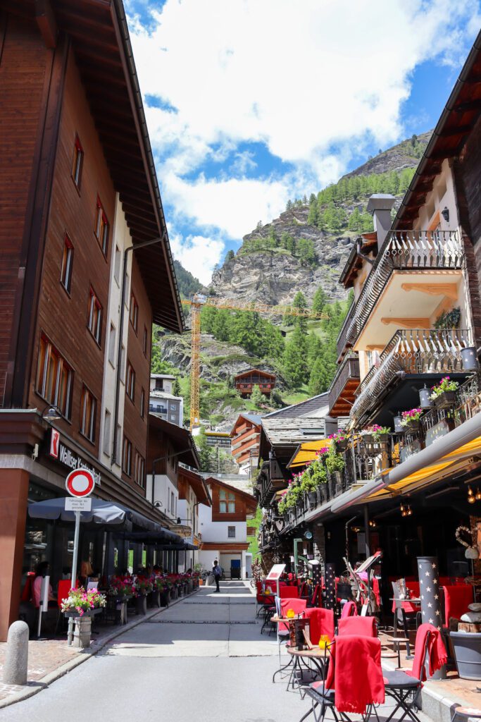 restaurants with outdoor seating on the main street in Zermatt Switzerland