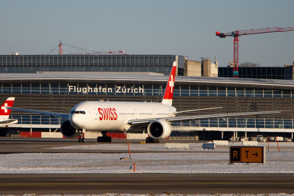 airplane outside of zurich airport in switzerland