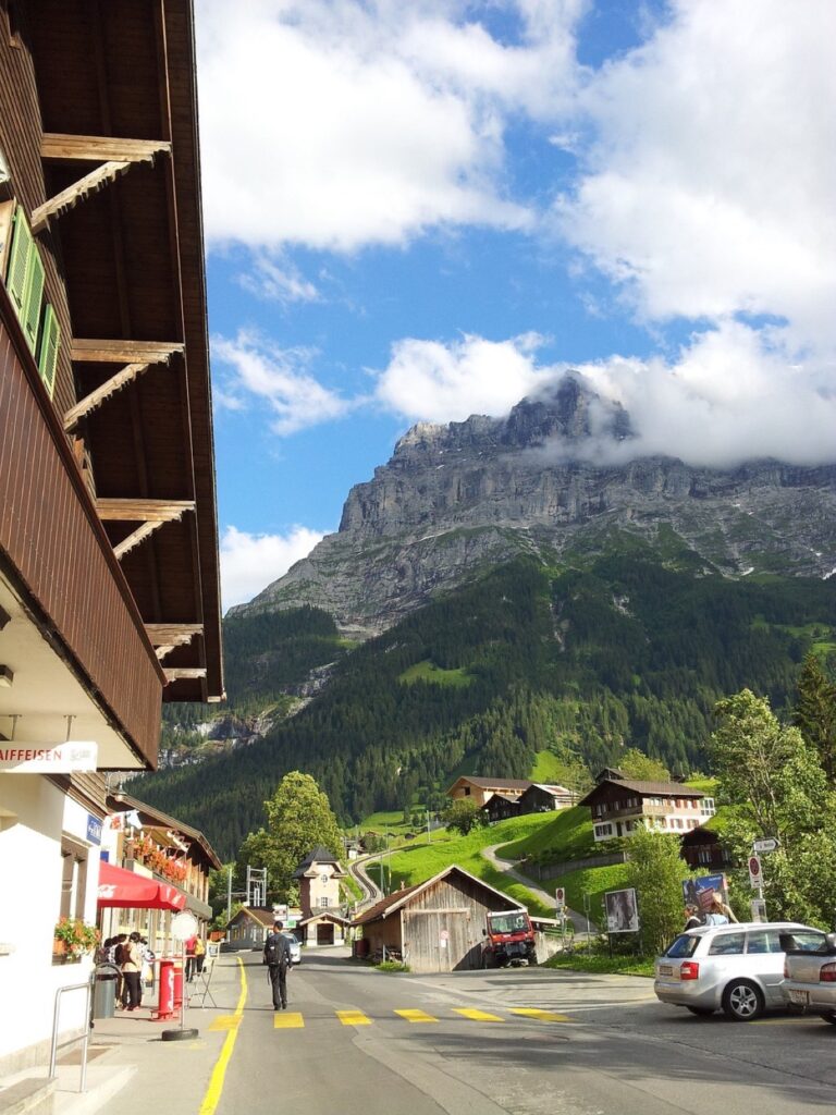 street in interlaken switzerland with mountain in the background