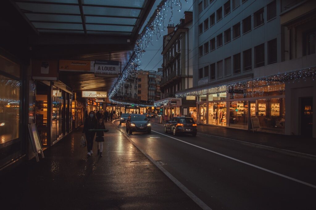 shopping street at night in montreux switzerland